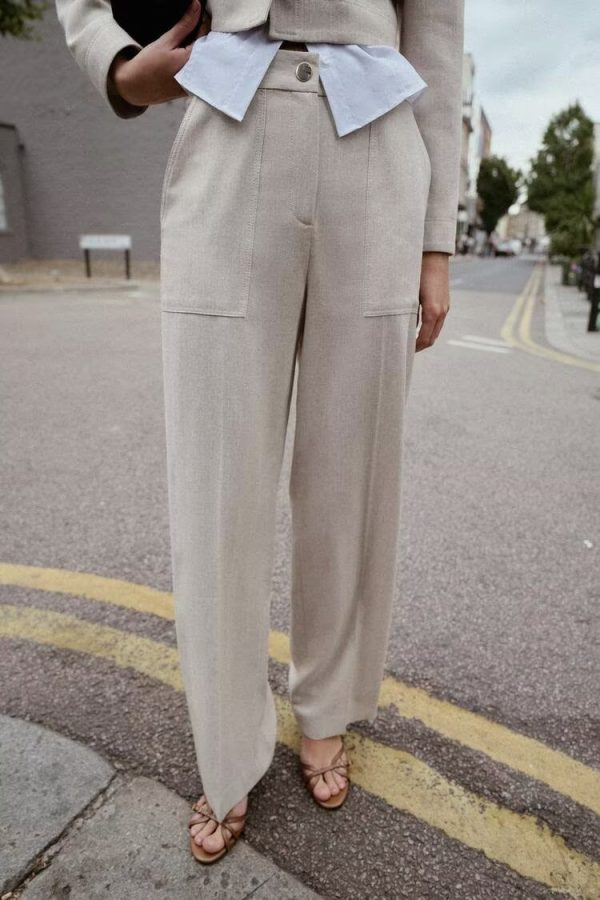 {世服UU}英伦工装剪裁休闲纯色缉线高腰直筒裤九分裤女